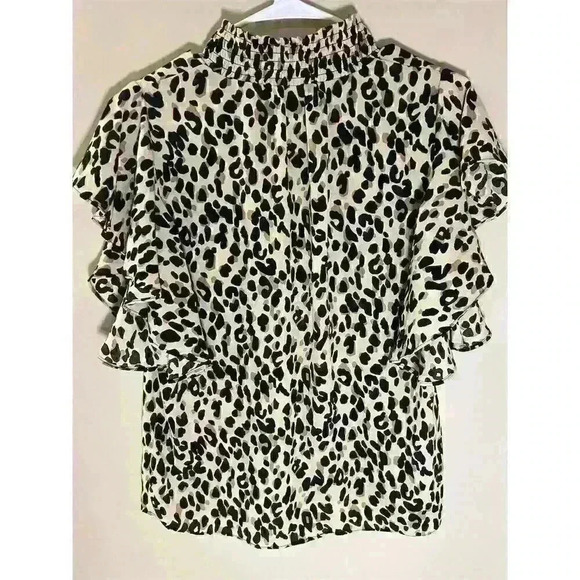 T Tahari Women's Desert Cheetah Print Blouse XS Short Sleeve Ruffled Neck Casual - Picture 9 of 12